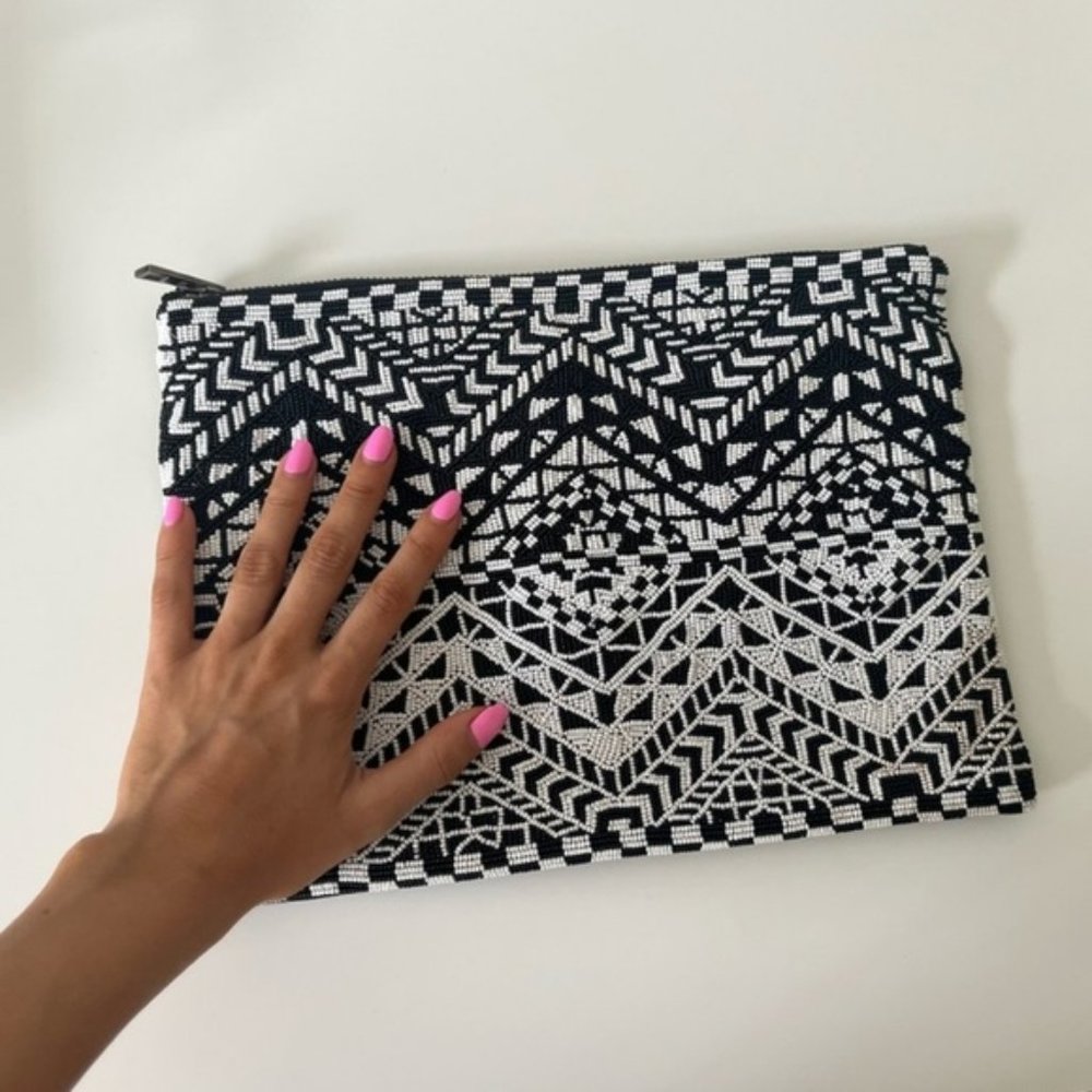 KOOKAI Intricate Beaded Tribal Black White Zip Pouch Evening Purse Clutch Bag
